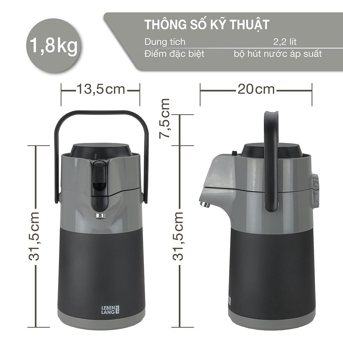 [HÀNG CHÍNH HÃNG] Bình inox giữ nhiệt nóng lạnh LEBENLANG LBP569 dung tích 2.2L