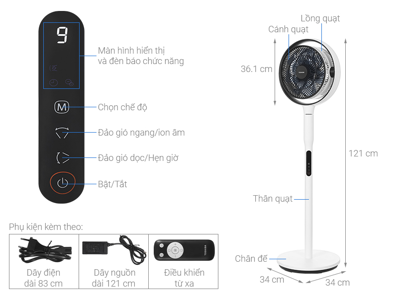 [HÀNG CHÍNH HÃNG] Quạt cây Toshiba trước 7 cánh - sau 9 cánh F-DSC80XVN(W) 25W