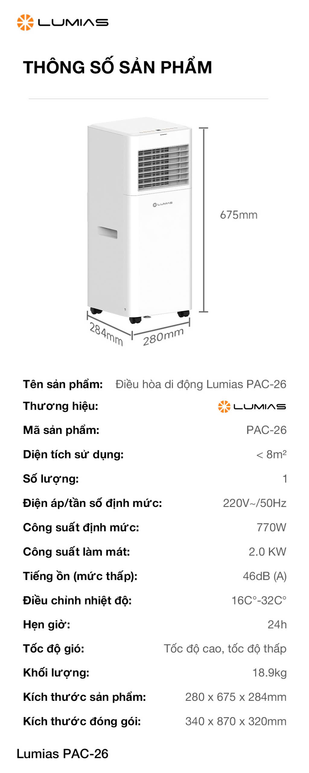 [HÀNG CHÍNH HÃNG] ĐIỀU HÒA DI ĐỘNG LUMIAS PAC-26 với 3 chức năng LÀM LẠNH/ HÚT ẨM/ THỔI GIÓ.