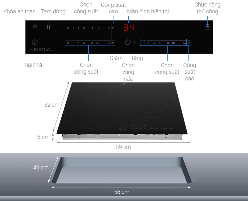 [GIẢM 30%] [HÀNG CHÍNH HÃNG] Bếp từ 3 vùng nấu lắp âm Electrolux LIT60342