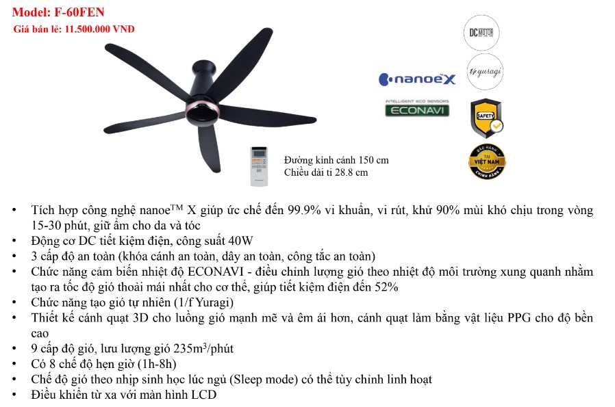 [HÀNG CHÍNH HÃNG] Quạt trần Panasonic F-60FEN