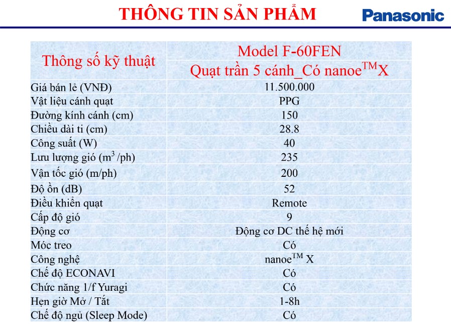 [HÀNG CHÍNH HÃNG] Quạt trần Panasonic F-60FEN