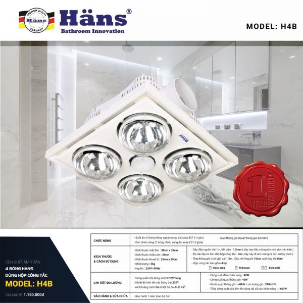 [GIẢM 50%] HANS H4B/ Quạt thông gió âm trần điều khiển từ xa HANS HAR - Hàng chính hãng