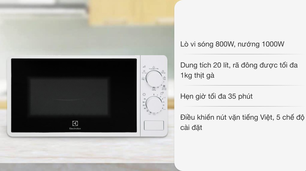 [ELECTROLUX | EMG20K38GWP] [HÀNG CHÍNH HÃNG]Lò vi sóng có nướng Electrolux EMG20K38GWP 20 lít