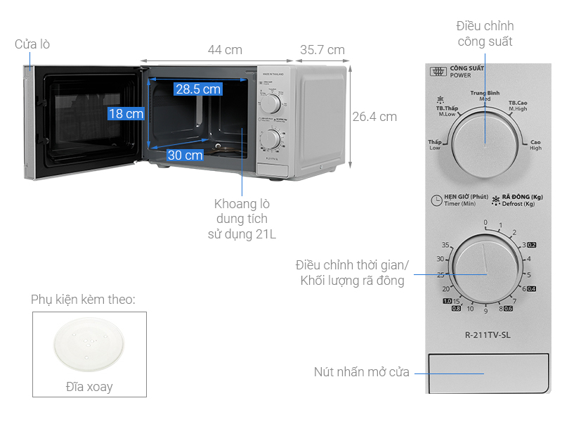 [HÀNG CHÍNH HÃNG] Lò vi sóng Sharp 21 lít R-211TV-BK / R-211TV-SL xuất xứ Thái Lan
