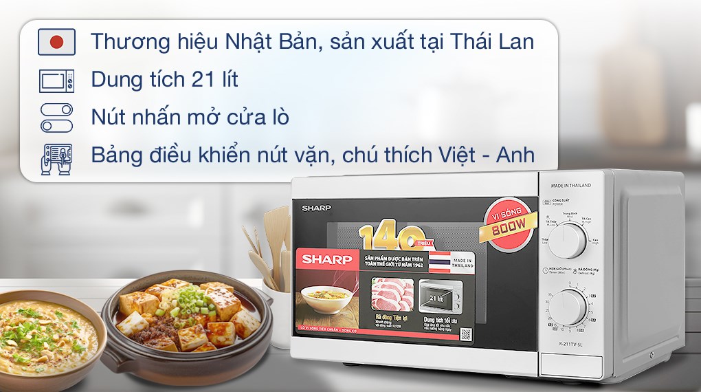 [HÀNG CHÍNH HÃNG] Lò vi sóng Sharp 21 lít R-211TV-BK / R-211TV-SL xuất xứ Thái Lan
