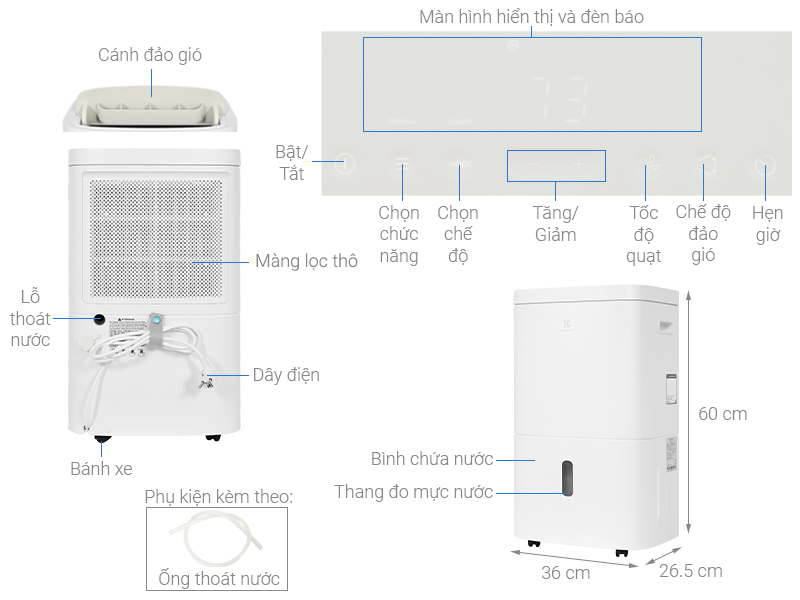 [GIẢM 30%] [HÀNG CHÍNH HÃNG] Máy hút ẩm Electrolux EDH10TRBW1 UltimateHome 300 (20 lít, phòng 42m2)