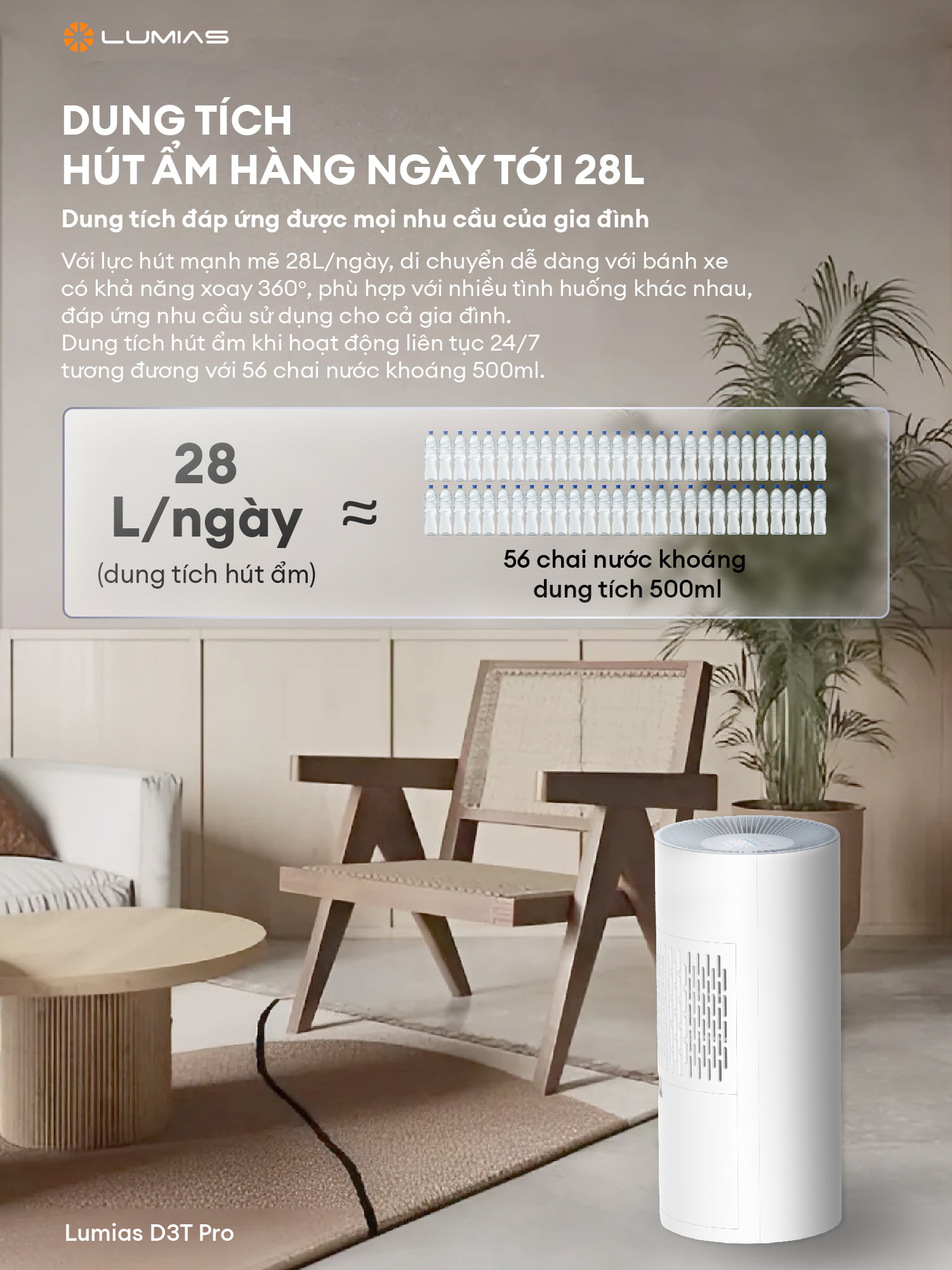 [Hàng chính hãng] Máy hút ẩm Lumias D3T Pro 28L - 100m²