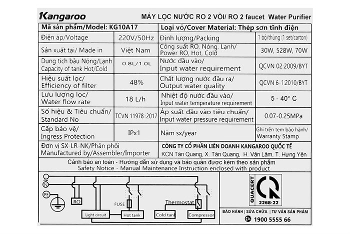 [HÀNG CHÍNH HÃNG] Máy lọc nước RO nóng nguội lạnh Kangaroo KG10A17 10 lõi