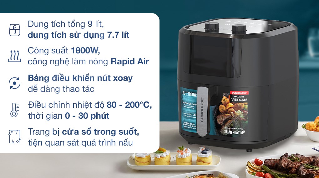 [HÀNG CHÍNH HÃNG] NỒI CHIÊN KHÔNG DẦU 9L SUNHOUSE SHD4037
