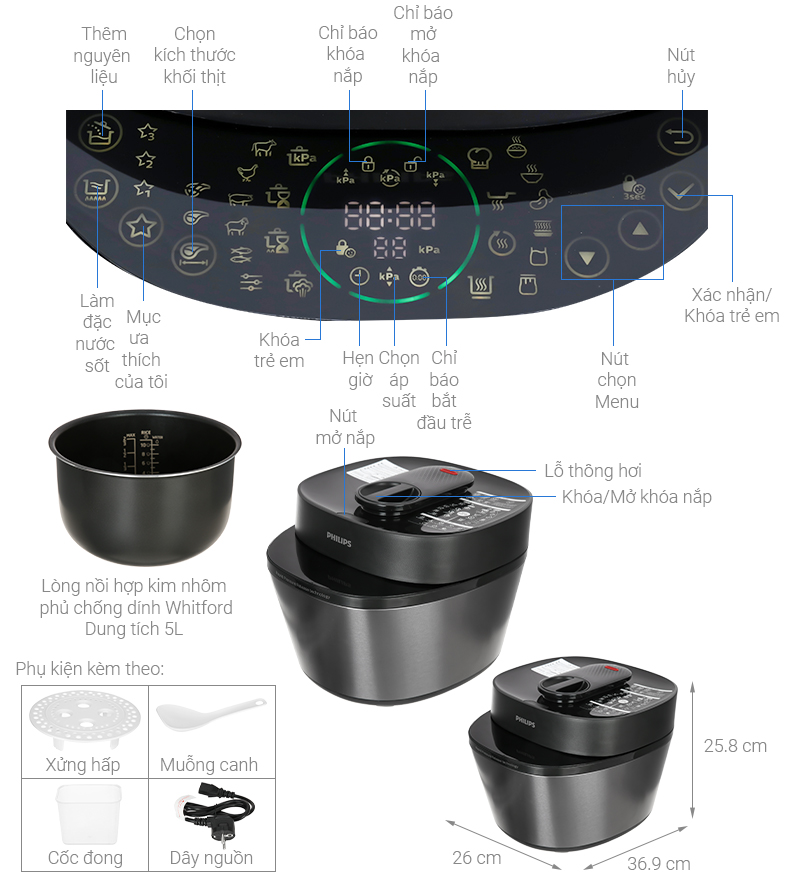 [HÀNG CHÍNH HÃNG] Nồi áp suất điện Philips HD2151/66 5 lít