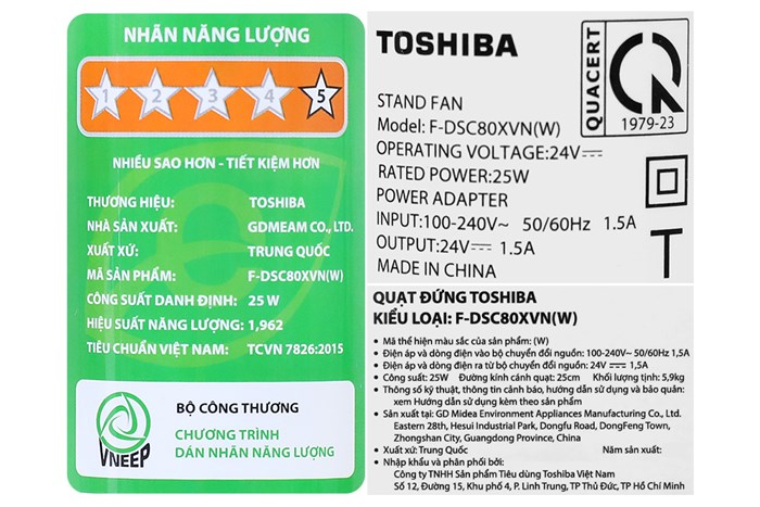 [HÀNG CHÍNH HÃNG] Quạt cây Toshiba trước 7 cánh - sau 9 cánh F-DSC80XVN(W) 25W