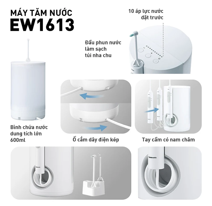 [HÀNG CHÍNH HÃNG] Máy tăm nước Panasonic EW1613W451- Công nghệ siêu âm – 10 mức điều chỉnh