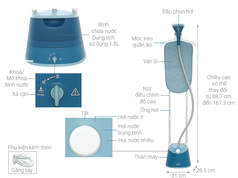Bàn ủi hơi nước đứng Philips STE1040/20 1800W (Hàng chính hãng)