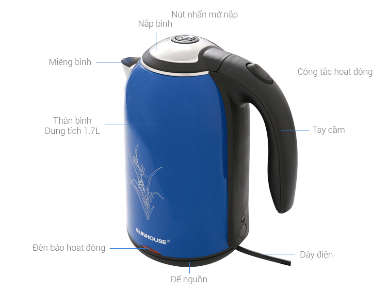 [HÀNG CHÍNH HÃNG] Bình đun siêu tốc Sunhouse 1.7 lít SHD1382B