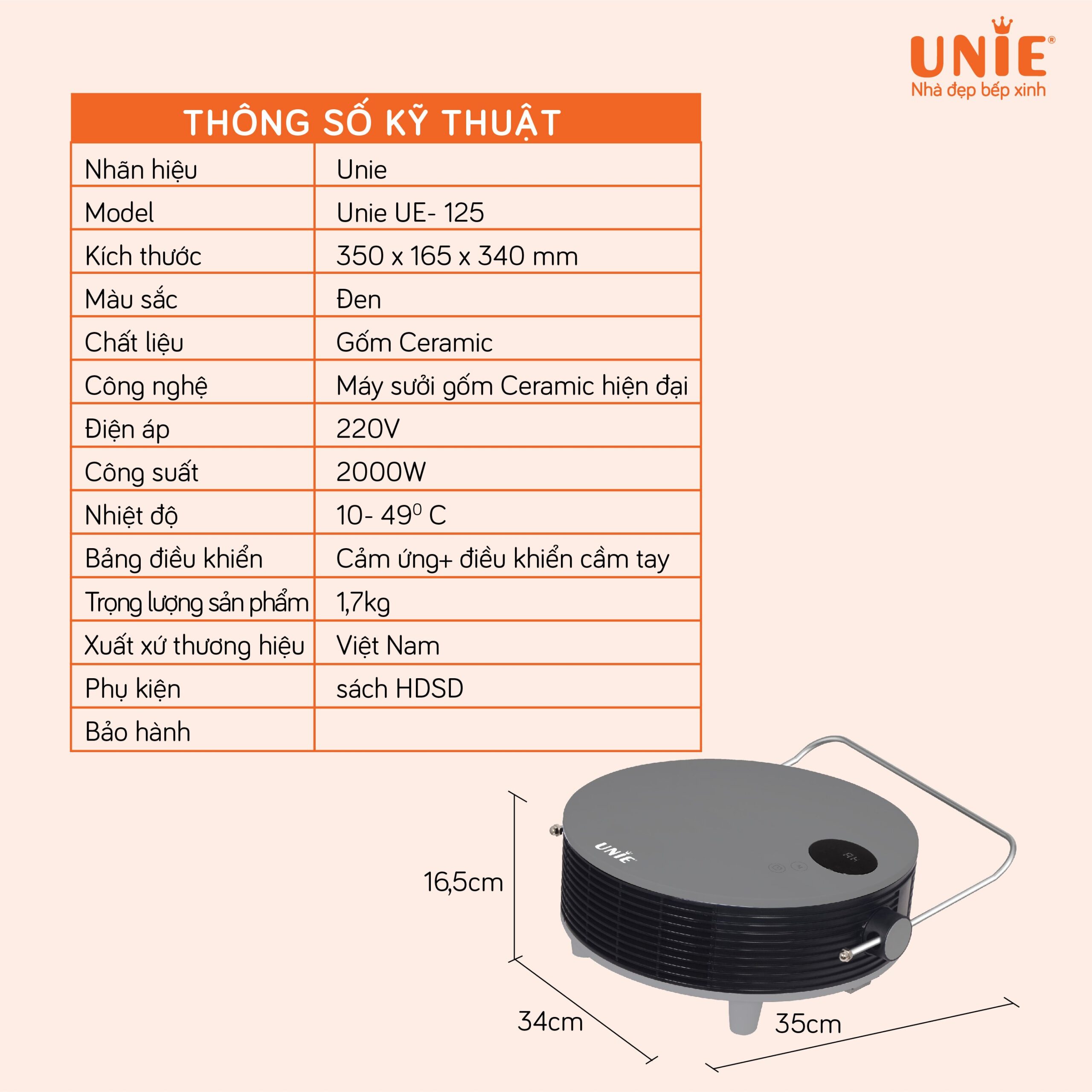 [HÀNG CHÍNH HÃNG] Máy sưởi gốm UNIE UE-125