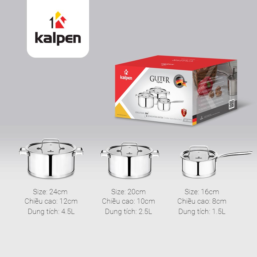 Bộ Nồi Inox 304 Cao Cấp 5 Đáy Kalpen Gliter KP-3568