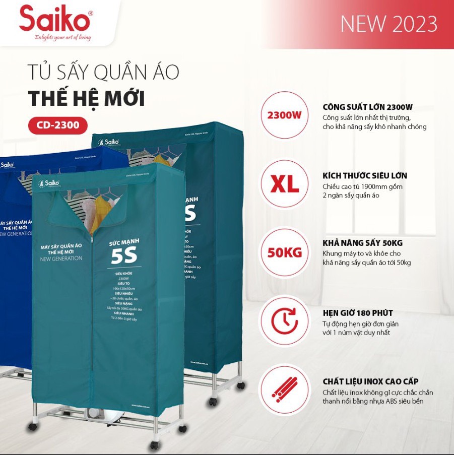 [CHÍNH HÃNG] Tủ sấy quần áo Saiko CD-2300 / CD2300 (2300W - 50KG)