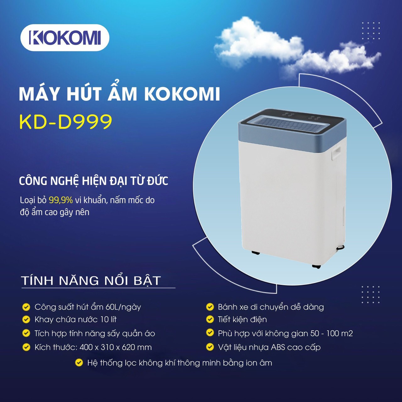 [HÀNG CHÍNH HÃNG] Máy Hút Ẩm cao cấp KOKOMI KD-D888