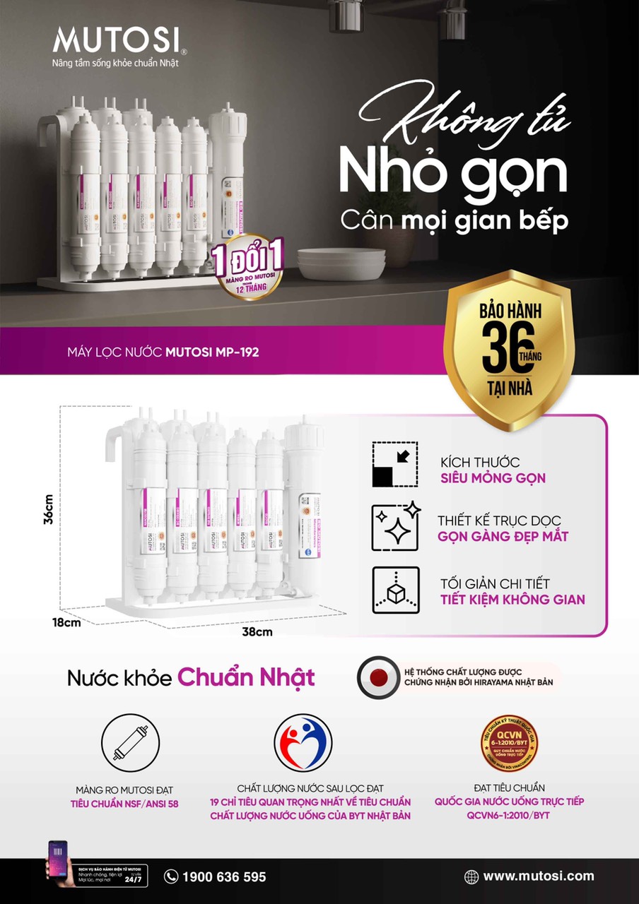 [GIẢM 50%] [HÀNG CHÍNH HÃNG] Máy lọc nước để gầm không tủ Mutosi MP-192/MP192