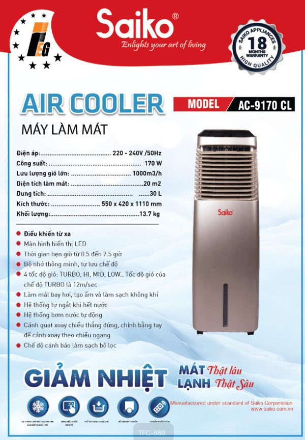 [HÀNG CHÍNH HÃNG] Quạt điều hòa làm mát Saiko AC-9170CL