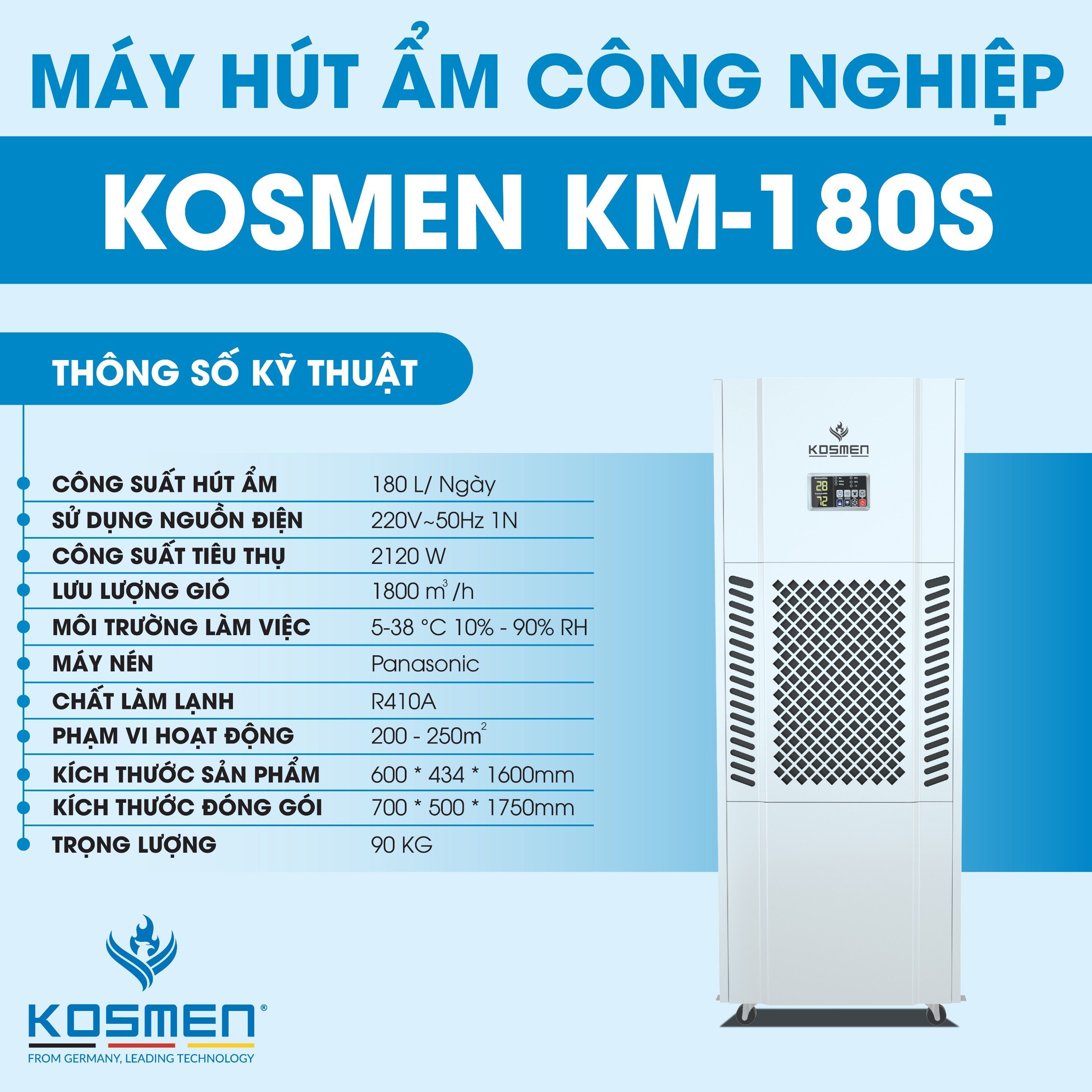 [HÀNG CHÍNH HÃNG] [KM180S] Máy hút ẩm công nghiệp Kosmen KM-180S / KM180S