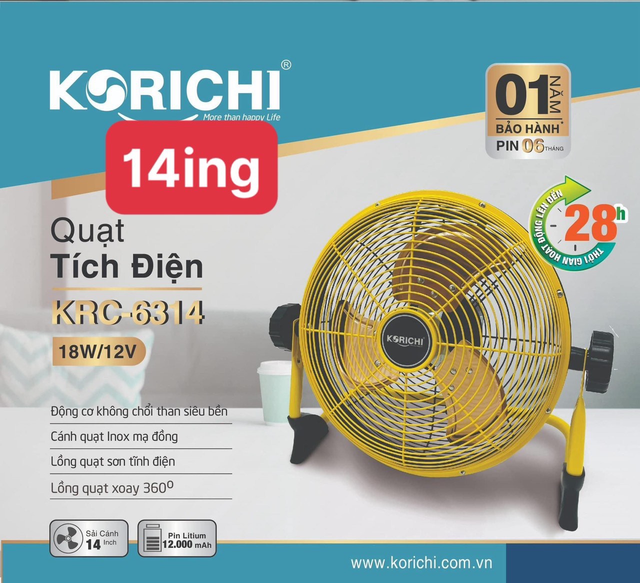 [GIẢM 30%] [HÀNG CHÍNH HÃNG] QUẠT TÍCH ĐIỆN KORICHI KRC-6314 / KRC-6312 / KRC-6212 / KRC-6210