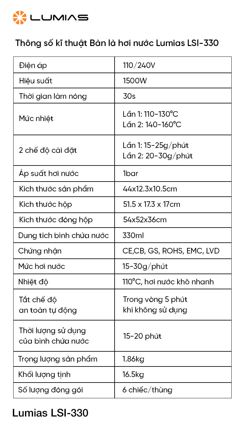 [HÀNG CHÍNH HÃNG] Bàn là hơi nước Lumias dung tích 330ml LSI-330