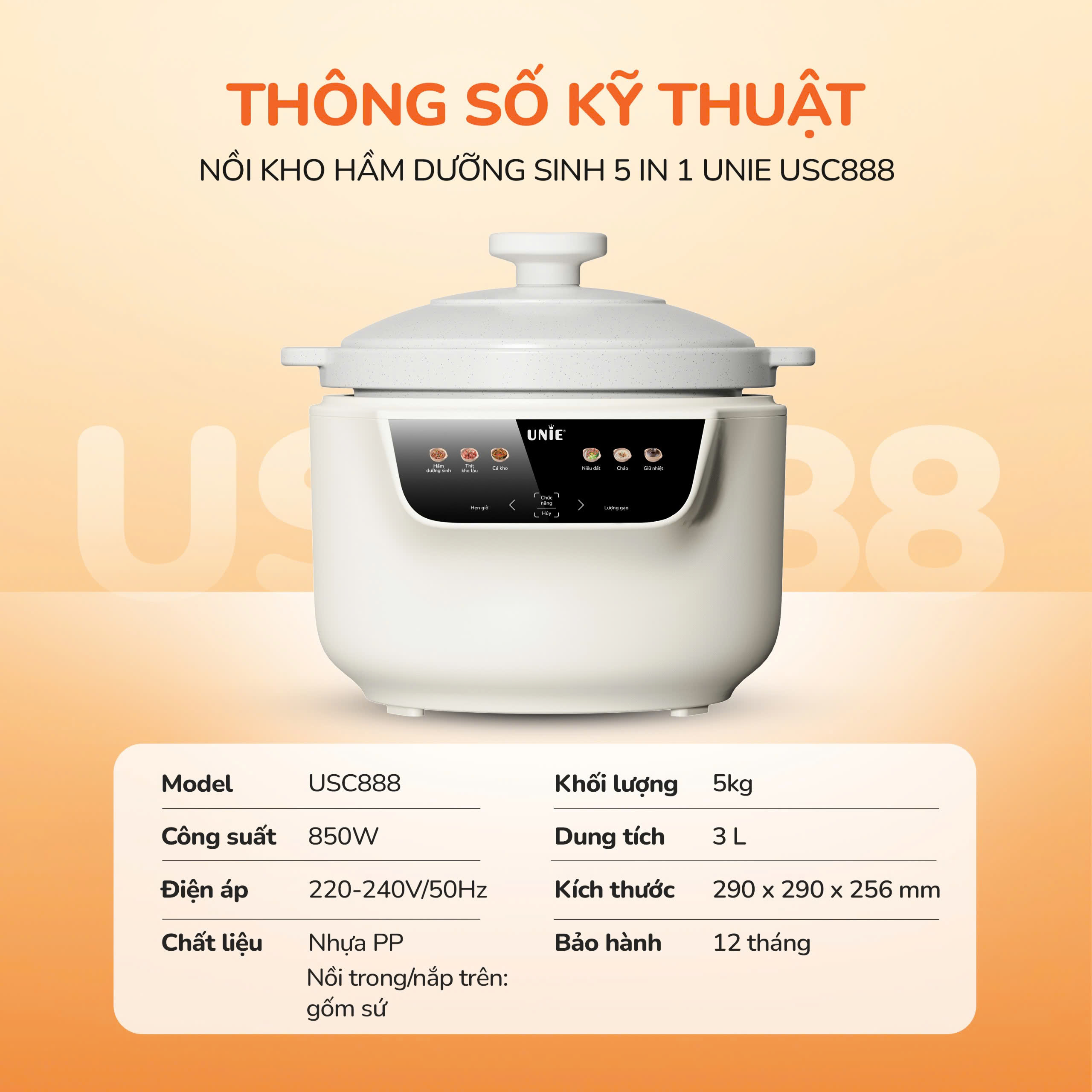 [HÀNG CHÍNH HÃNG] Nồi kho hầm dưỡng sinh 5 in 1 UNIE USC888, nắp sứ kép cao cấp