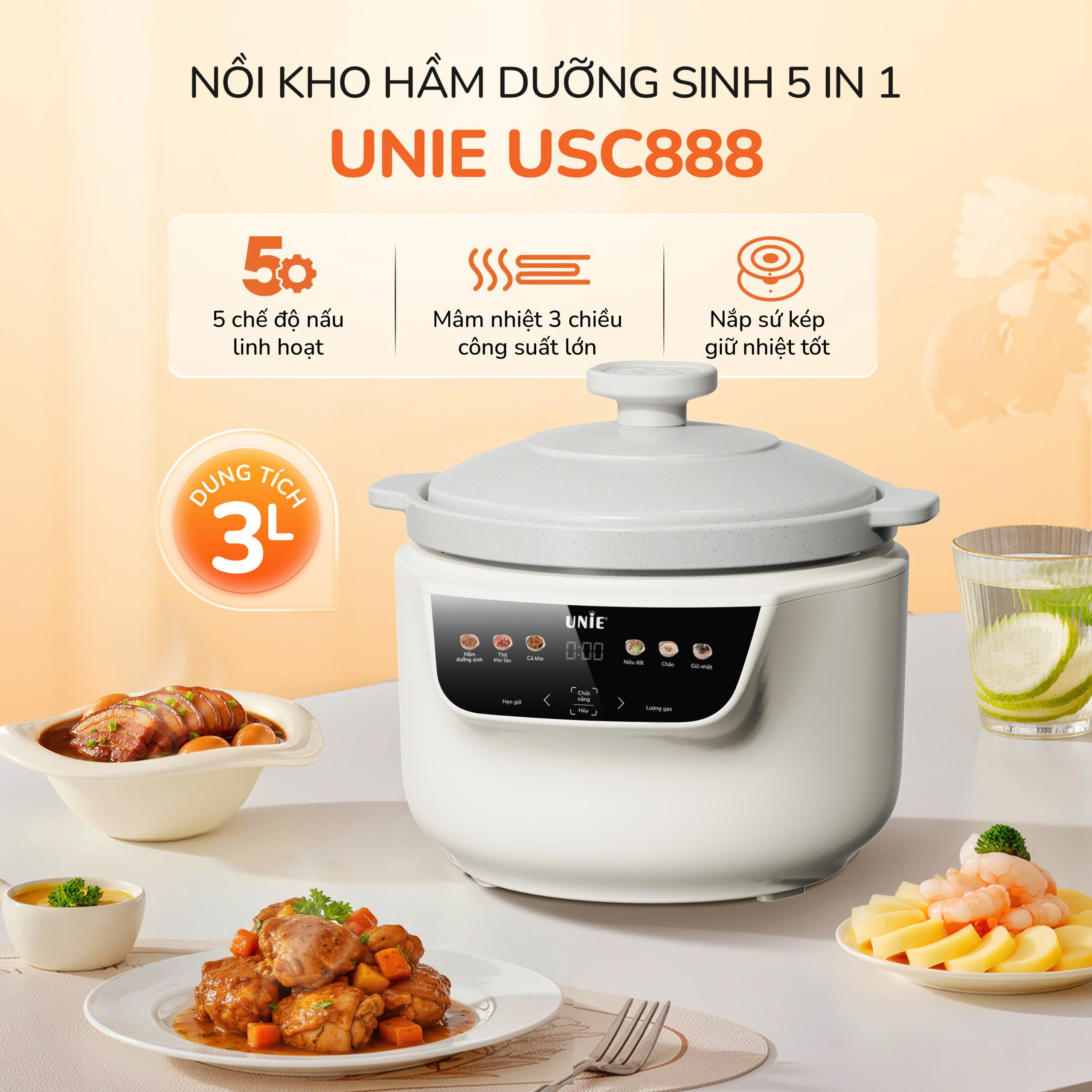 [HÀNG CHÍNH HÃNG] Nồi kho hầm dưỡng sinh 5 in 1 UNIE USC888, nắp sứ kép cao cấp