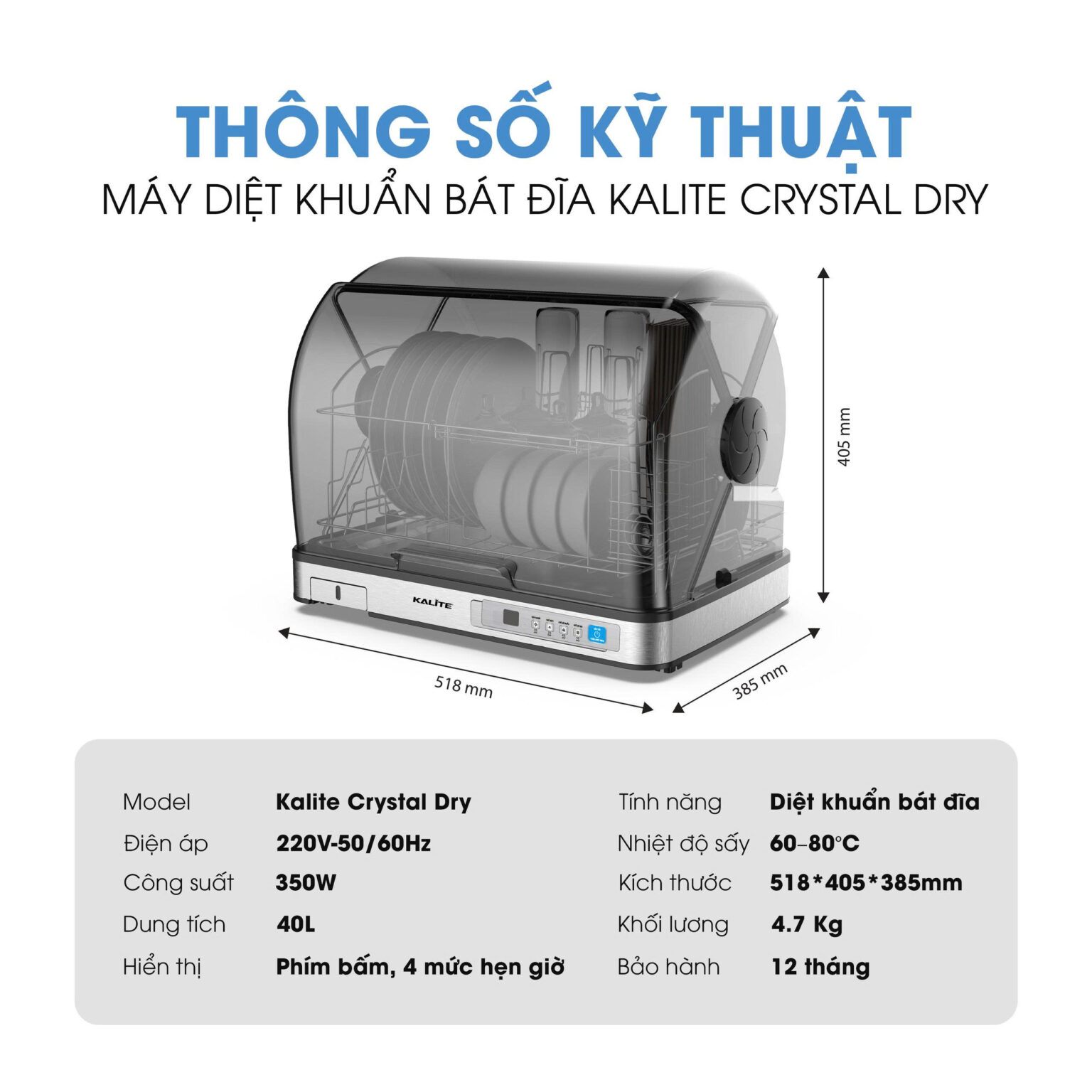 Máy diệt khuẩn bát đĩa Kalite Crystal Dry sấy khô, khử khuẩn UV