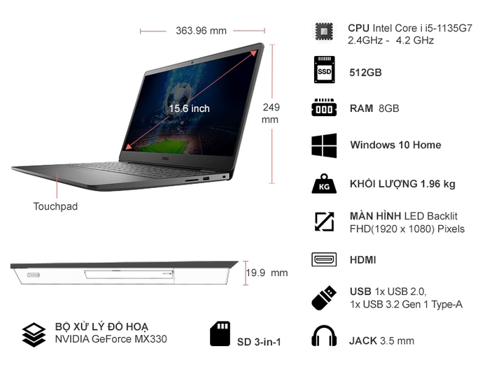 [Mới 100%] Dell Inspiron 3501 Core i5-1135G7, 12GB, 256GB, Iris Xe Graphics, 15.6" FHD