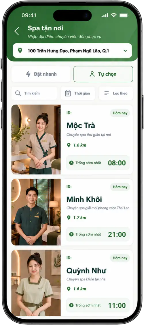 Màn hình Tự chọn với Mộc Trà, Minh Khôi và Quỳnh Như trong khung iPhone 14
