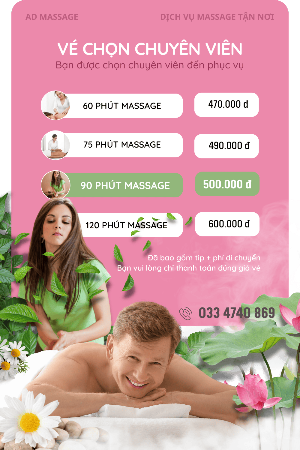 Giá vé massage tại nhà và khách sạn