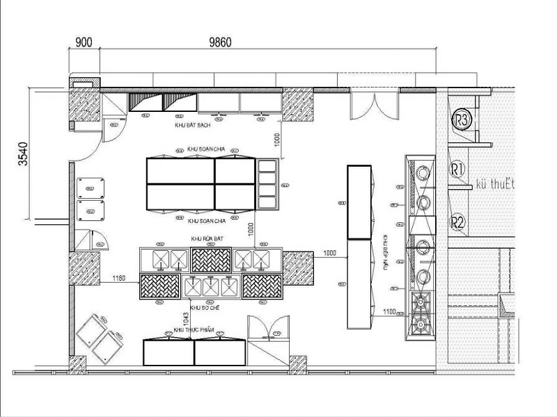 bản vẽ 2D bếp ăn công nghiệp trên auto cad