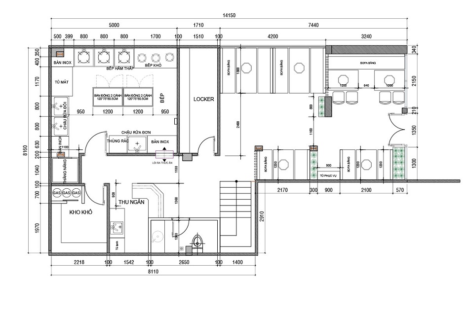 bản vẽ 2D bếp ăn công nghiệp trên auto cad