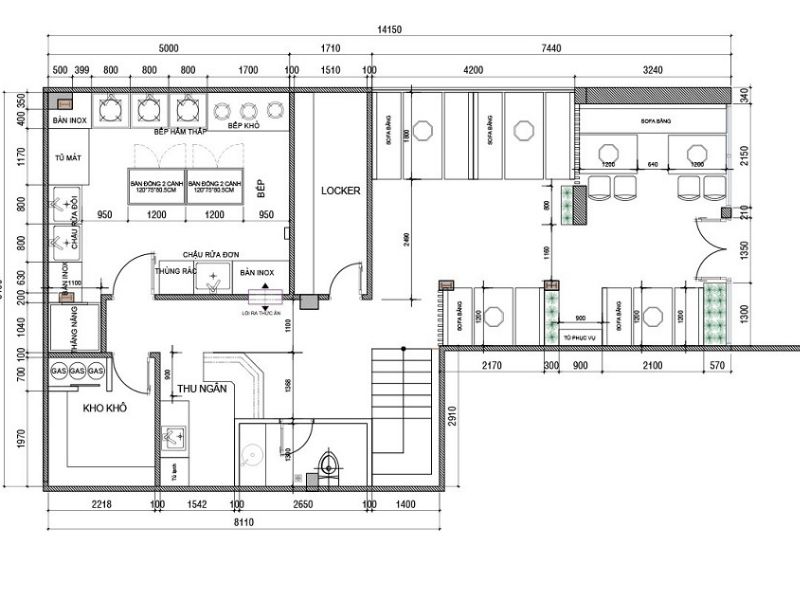 bản vẽ bếp nhà hàng theo kiểu chữ L