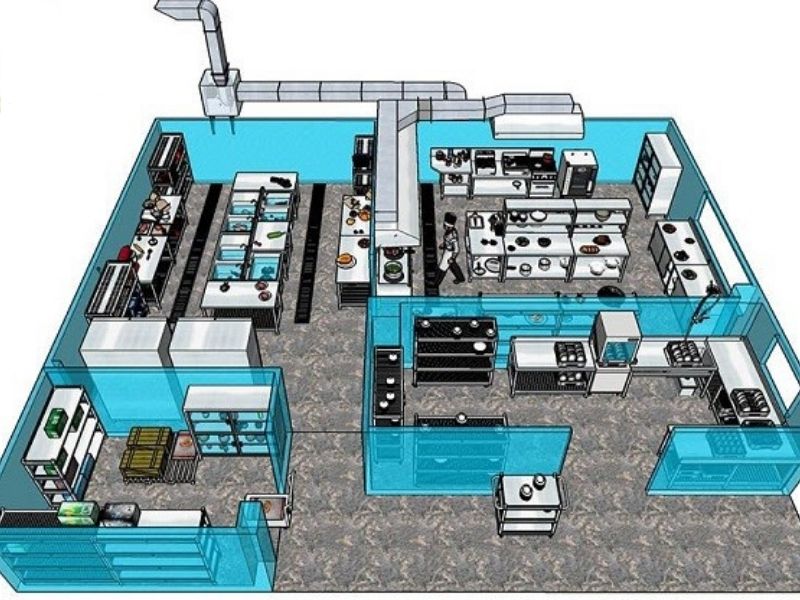 bản vẽ 3D bếp nhà hàng