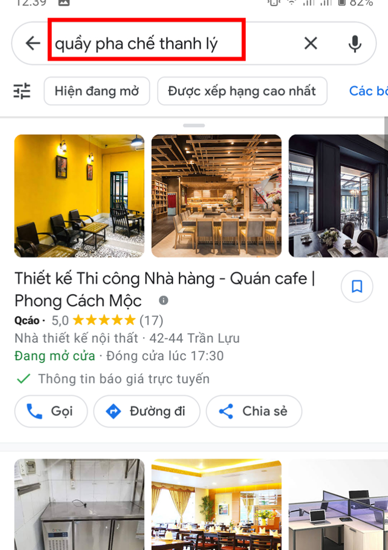 tìm mua quầy thanh lý với google map