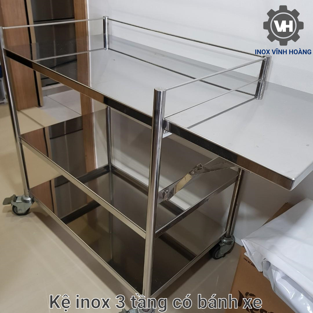 Kệ inox 3 tầng có bánh xe thanh tròn