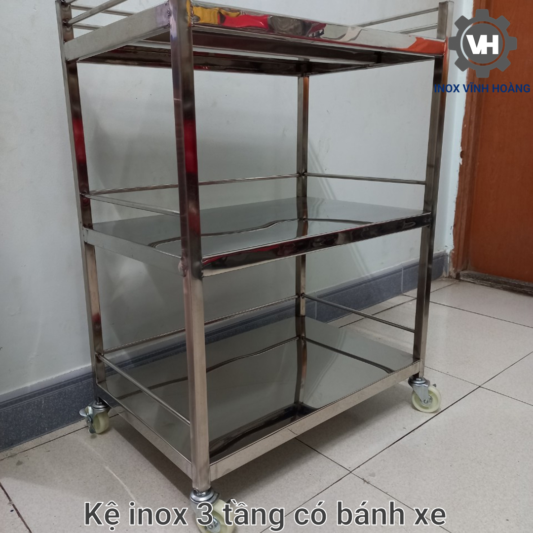 Kệ inox 3 tầng có bánh xe thanh vuông