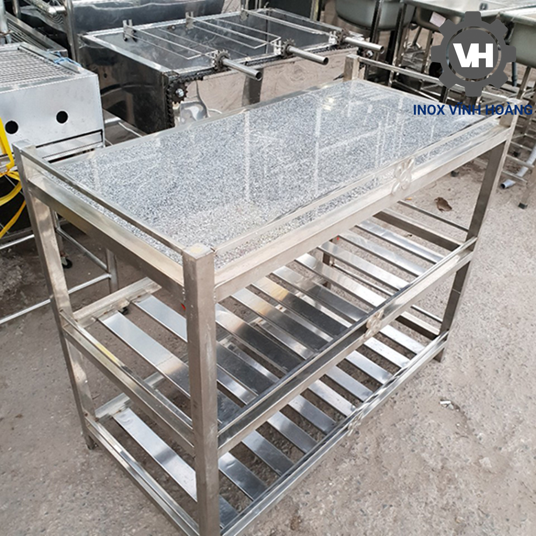 Kệ inox mặt đá thanh vuông