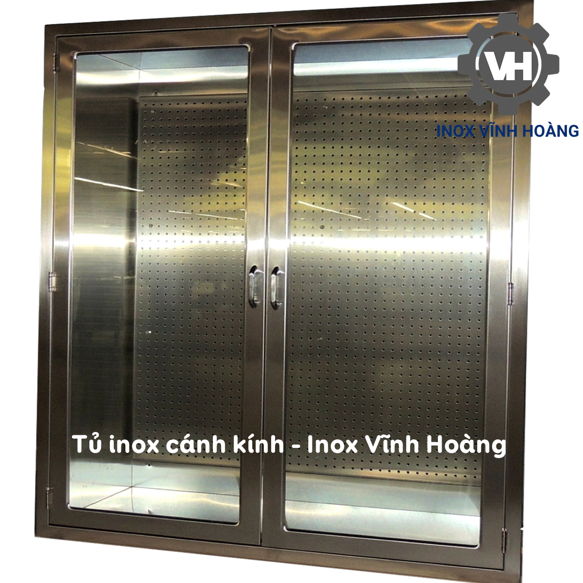 Tủ inox kính đột lỗ bên trong để treo giá kệ