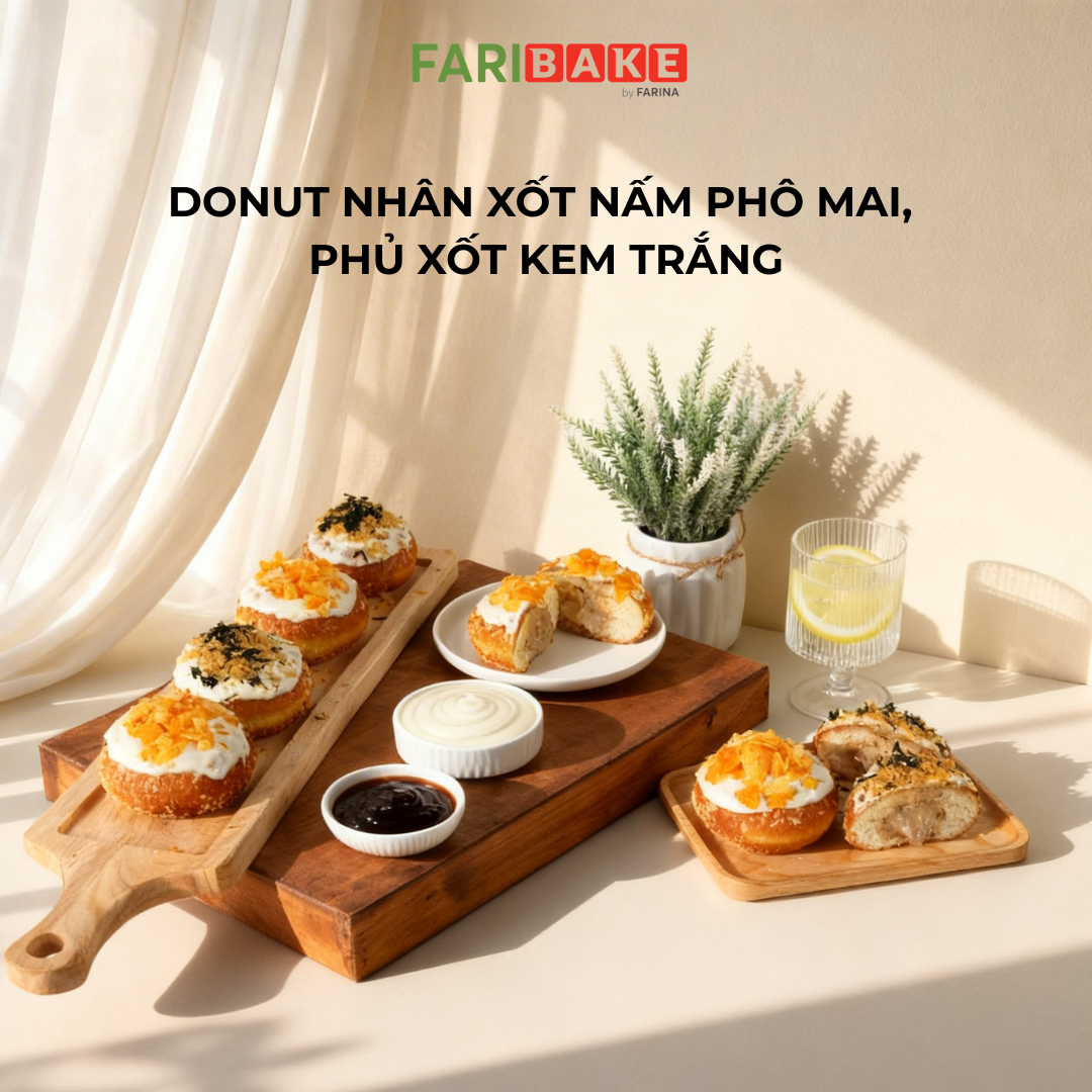 CÔNG THỨC BÁNH DONUT NHÂN XỐT NẤM PHÔ MAI, PHỦ XỐT KEM TRẮNG