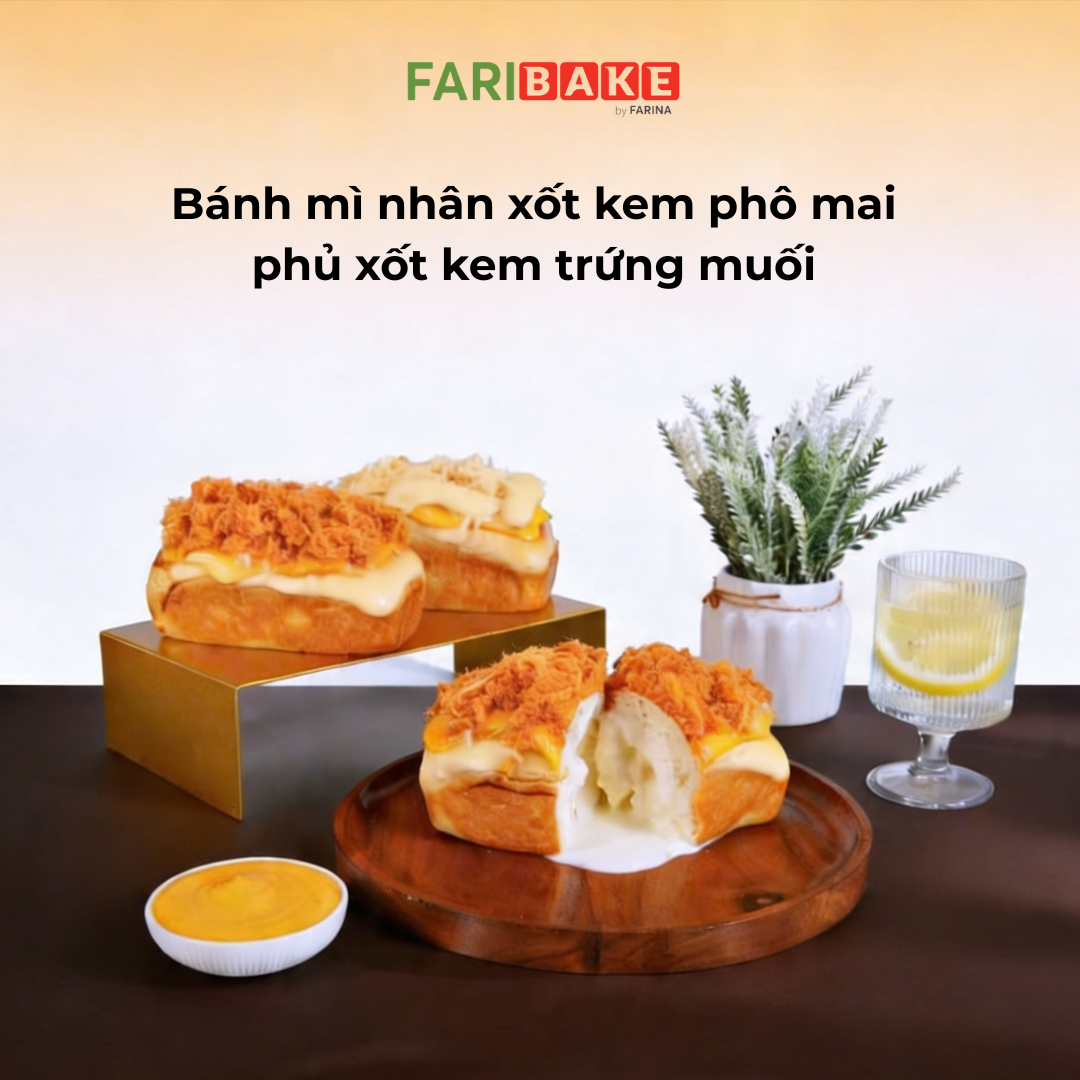 CÔNG THỨC BÁNH MÌ NHÂN XỐT KEM PHÔ MAI PHỦ XỐT KEM TRỨNG MUỐI