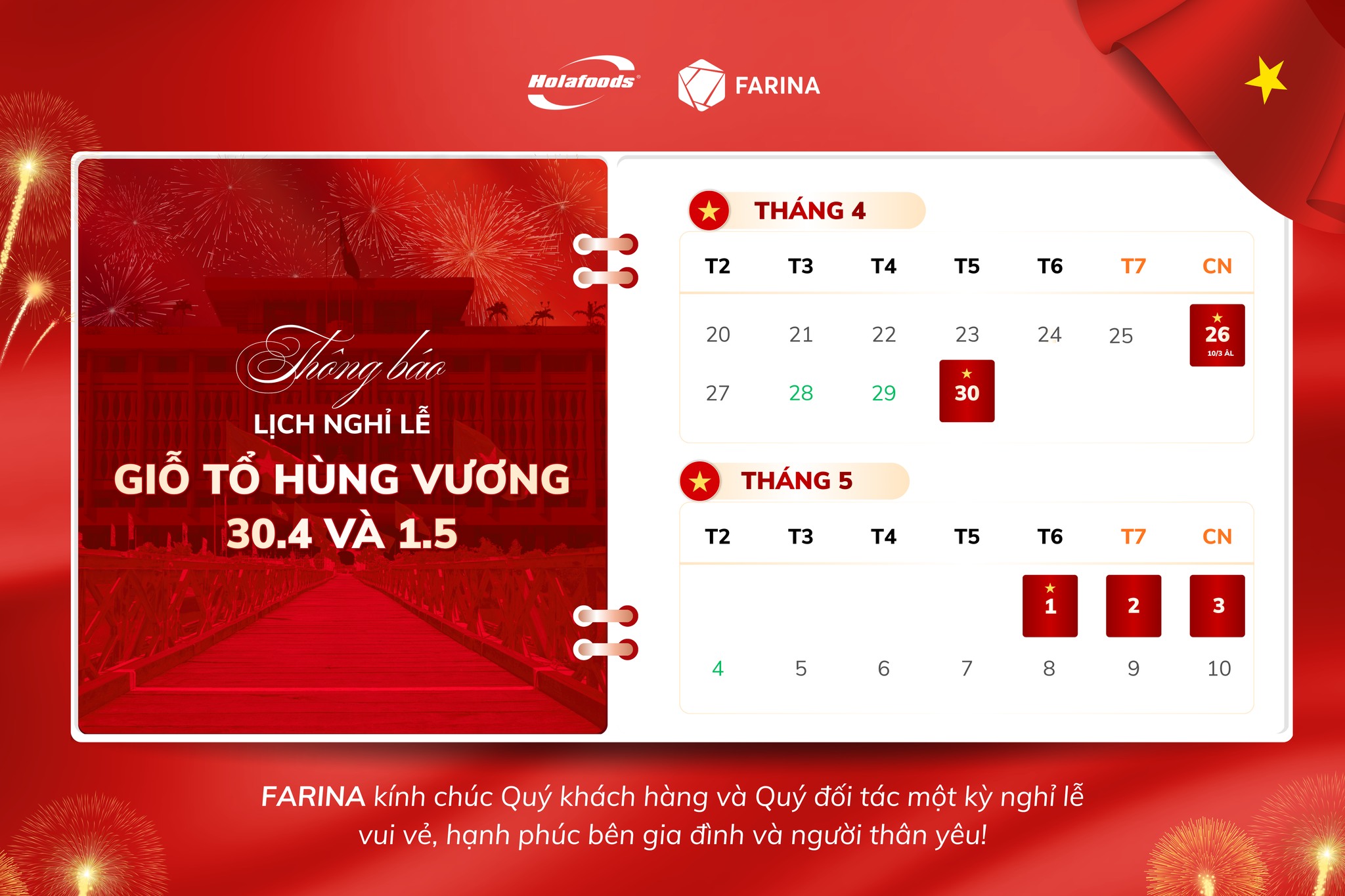 📢 THÔNG BÁO LỊCH NGHỈ LỄ GIỖ TỔ HÙNG VƯƠNG - 30/4 & 1/5 NĂM 2026