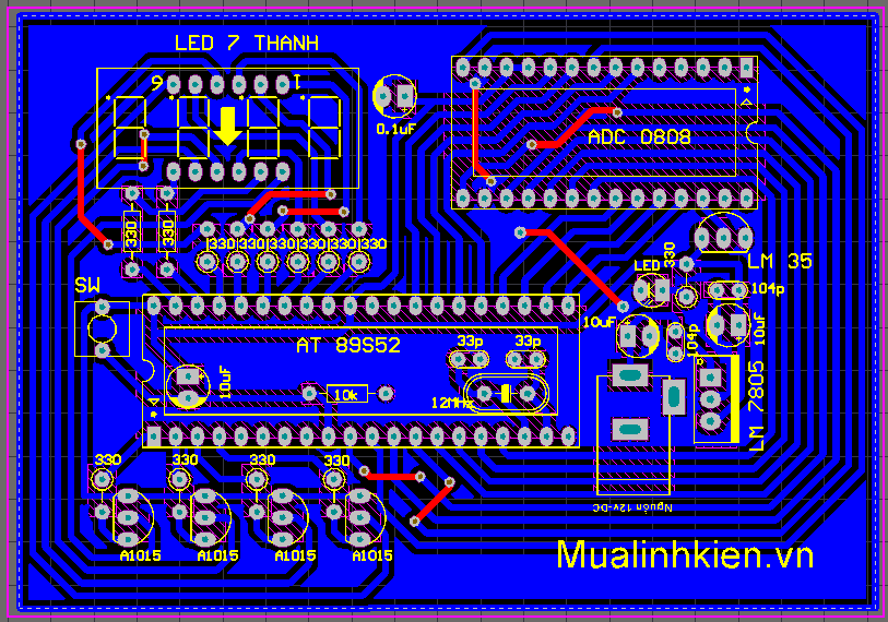Mạch sử dụng vi điều khiển họ 8051 đo nhiệt độ hiển thị LED 7 thanh dùng cảm biến LM35