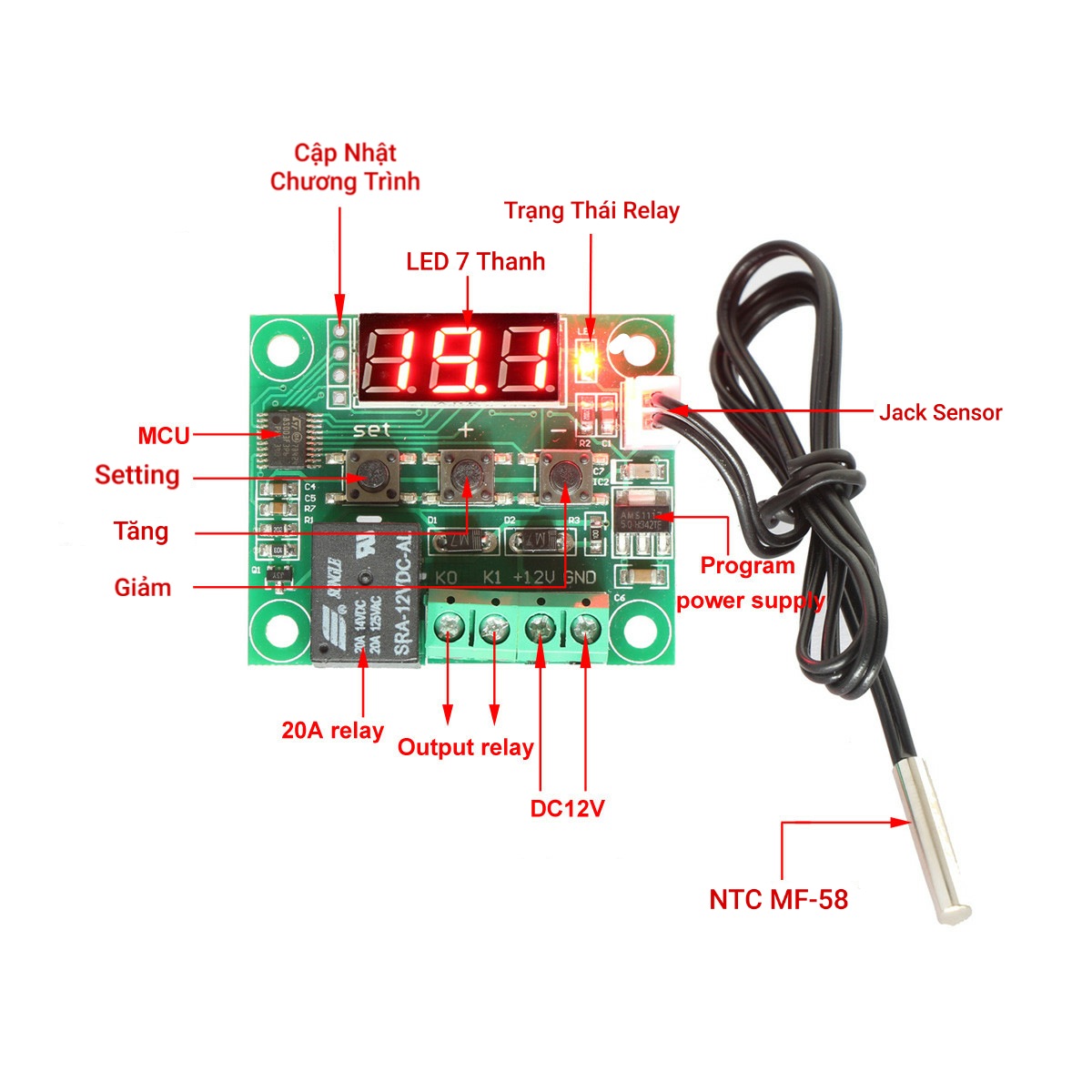 HƯỚNG DẪN SỬ DỤNG MẠCH CẢM BIẾN KIỂM SOÁT NHIỆT ĐỘ ẤP TRỨNG W1209 RELAY 12VDC XH-W1209