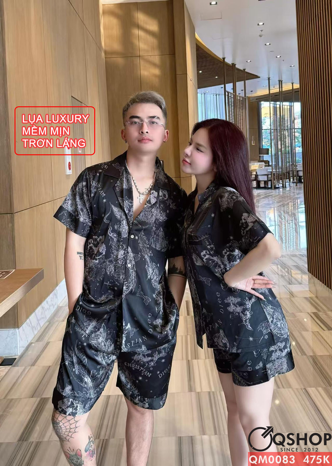 Bộ đồ ngủ pijama cặp đôi quần có túi lụa luxury cao cấp quần ngắn tay ngắn sang trọng QM0083