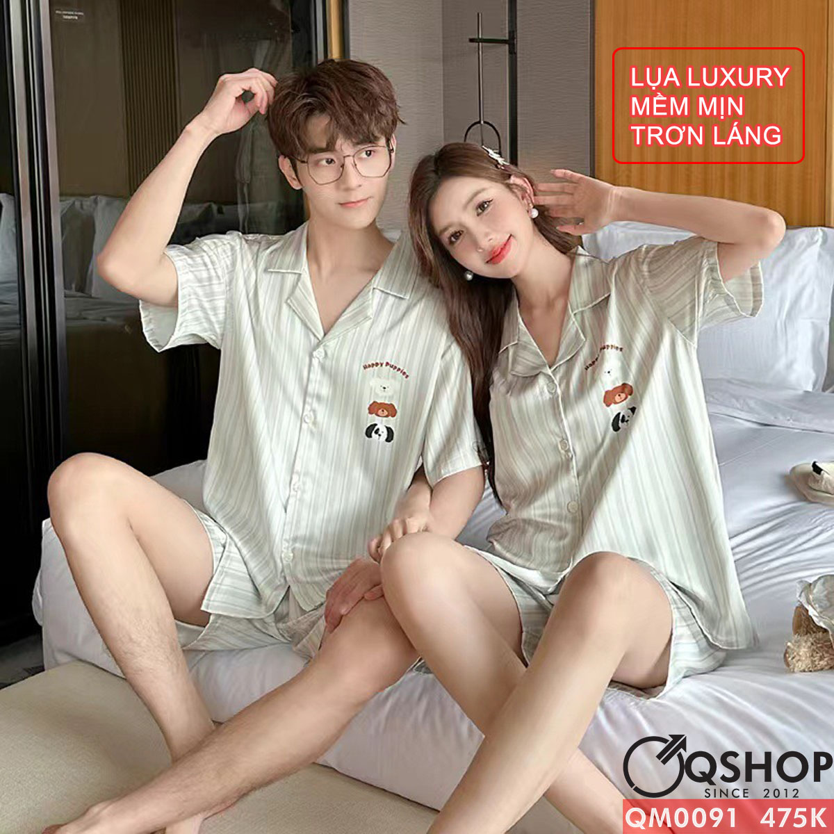 Bộ đồ ngủ pijama cặp đôi lụa luxury cao cấp quần ngắn tay ngắn sang trọng QM0091